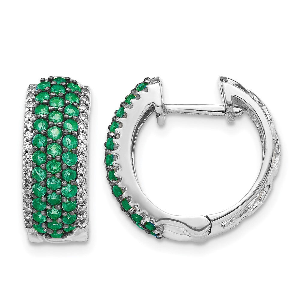 14k White Gold Diamond and Emerald 18mm Hinged Hoop Earrings - View 1