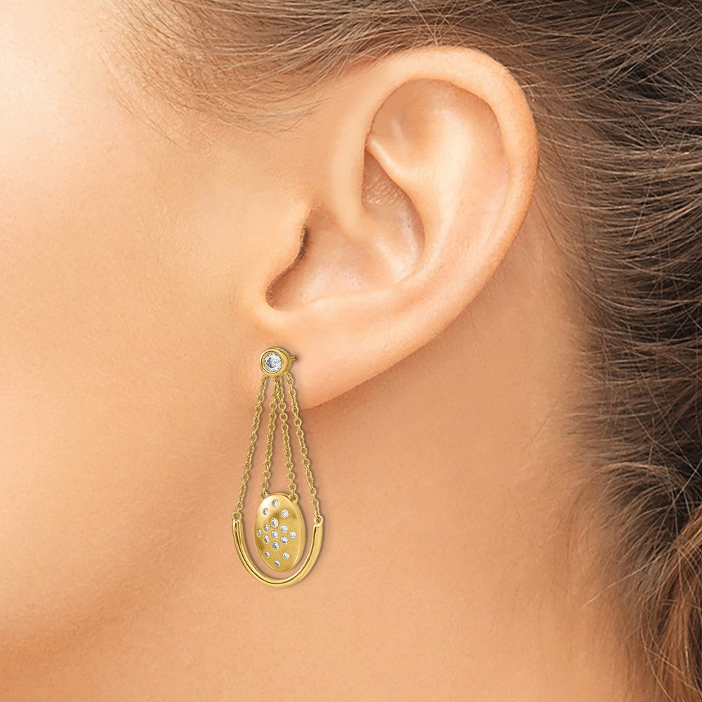 14k Satin/Polished 1/3 carat Diamond Oval with Chain Dangle Post Earrings - View 3