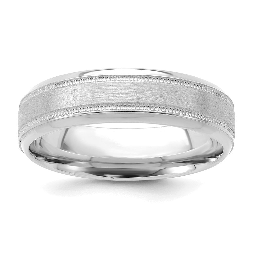 14k White Gold 6mm Heavyweight Comfort Fit Brushed Satin/Polished Milgrain Grooved Edge Wedding Band Size 11 - View 1
