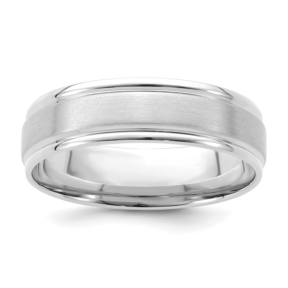 14k White Gold 6mm Heavyweight Comfort Fit Brushed Satin/Polished Grooved Edge Wedding Band Size 12 - View 1