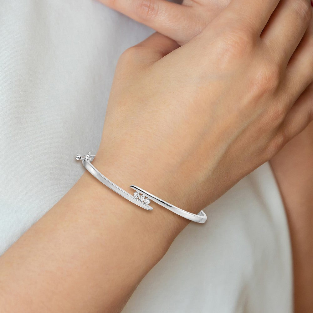 14k White Gold Complete 3-Stone 1/3 carat AA Diamond Hinged Oval Bangle Bracelet - View 3