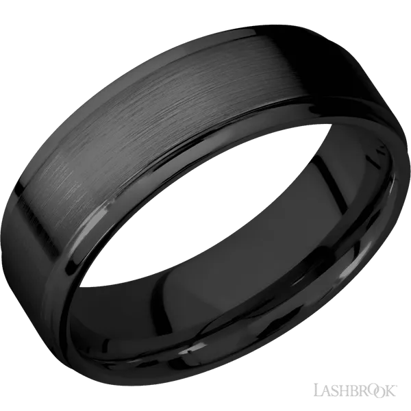 This Zirconium wedding band features a flat style with a flat setting. The piece is polished and elegant, crafted without diamonds for a refined finish.