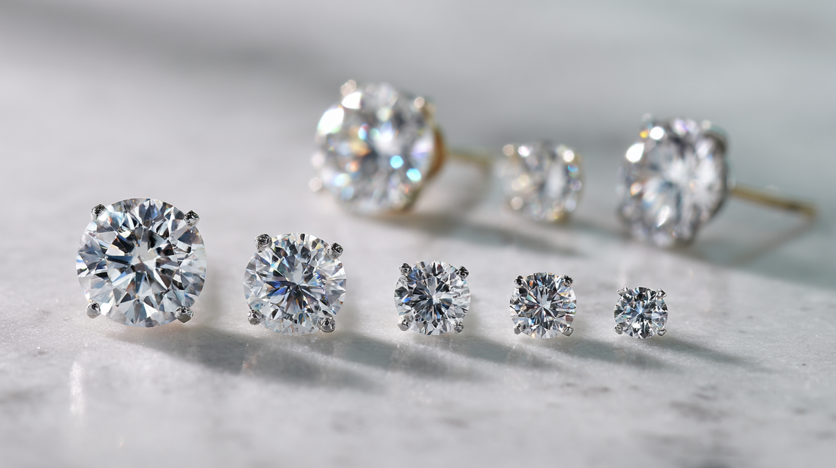 Lab-grown diamond stud earrings in multiple carat sizes displayed on marble surface, 14K gold settings, high-brilliance round cut diamonds.
