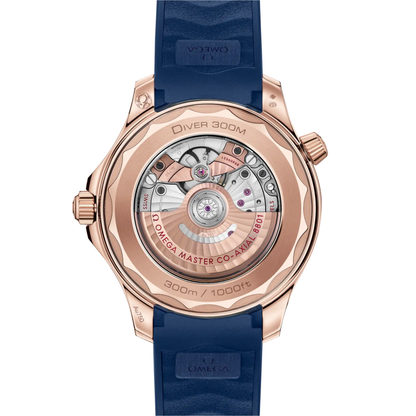 Omega Seamaster Diver 300M Sedna Gold Blue Rubber Automatic Watch 42 mm
