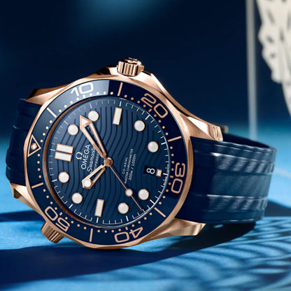 Omega Seamaster Diver 300M Sedna Gold Blue Rubber Automatic Watch 42 mm