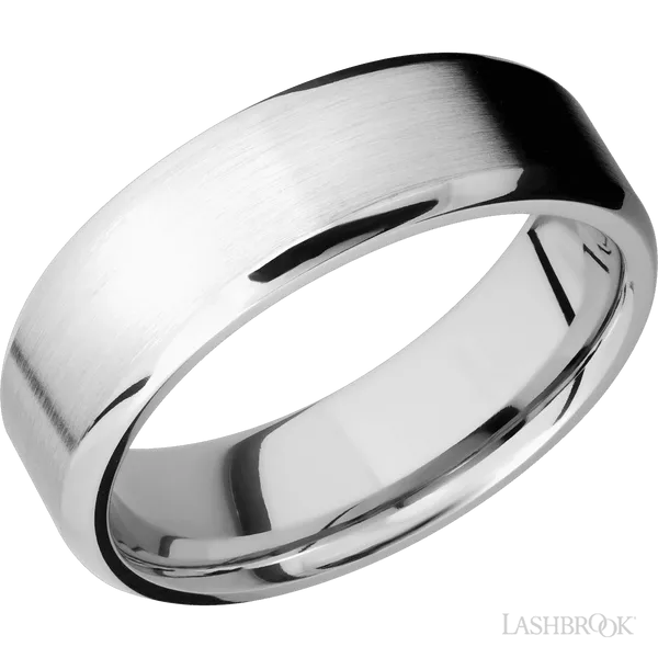 This White Gold wedding band features a beveled style with a beveled setting. The piece is polished and elegant, crafted without diamonds for a refined finish.