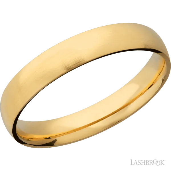 This Yellow Gold wedding band features a domed style with a domed setting. The piece is polished and elegant, crafted without diamonds for a refined finish.