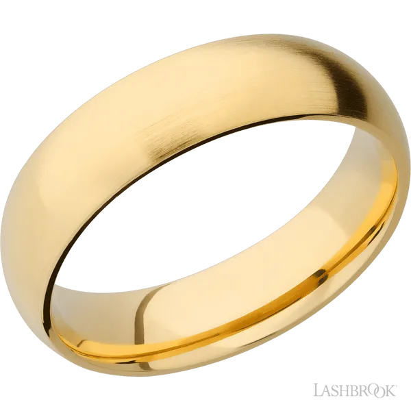 This Yellow Gold wedding band features a domed style with a domed setting. The piece is polished and elegant, crafted without diamonds for a refined finish.