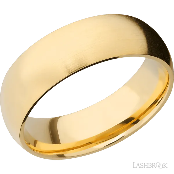 This Yellow Gold wedding band features a domed style with a domed setting. The piece is polished and elegant, crafted without diamonds for a refined finish.