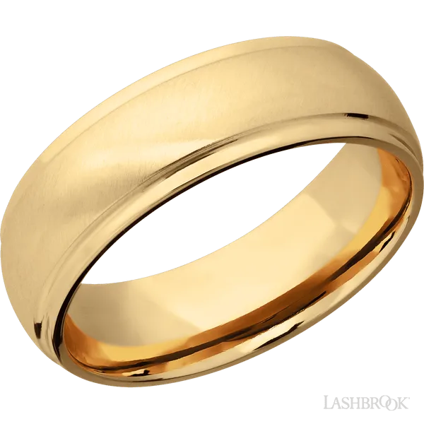This Yellow Gold wedding band features a domed style with a domed setting. The piece is polished and elegant, crafted without diamonds for a refined finish.