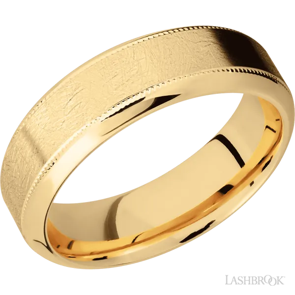 This Yellow Gold wedding band features a beveled style with a bevel setting. The piece is polished and elegant, crafted without diamonds for a refined finish.