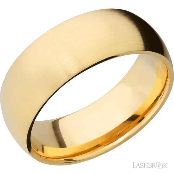 This Yellow Gold wedding band features a domed style with a domed setting. The piece is polished and elegant, crafted without diamonds for a refined finish.
