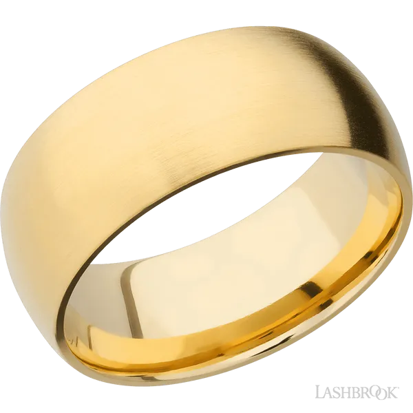 This Yellow Gold wedding band features a domed style with a domed setting. The piece is polished and elegant, crafted without diamonds for a refined finish.