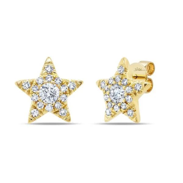 Shy Creation Stud Earrings in 14K Yellow Gold with Round Diamonds.