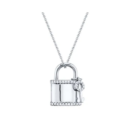 Shy Creation 14K White Gold Diamond Lock & Key Pendant 0.21Ct 18 Inches