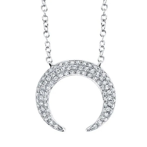 Diamond Pavé Crescent Necklace in 14K White Gold – 0.20ct Elegant Design