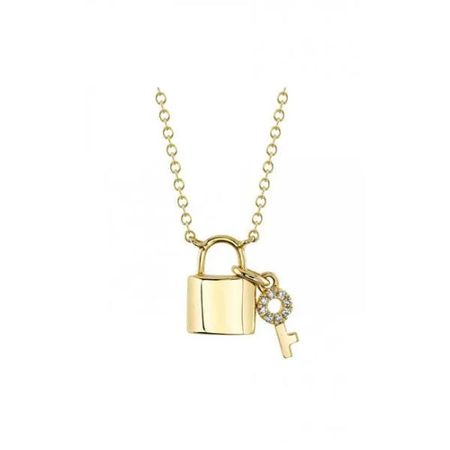 Shy Creation 14K Yellow Gold Diamond Lock & Key Pendant 0.02Ct 18 Inches