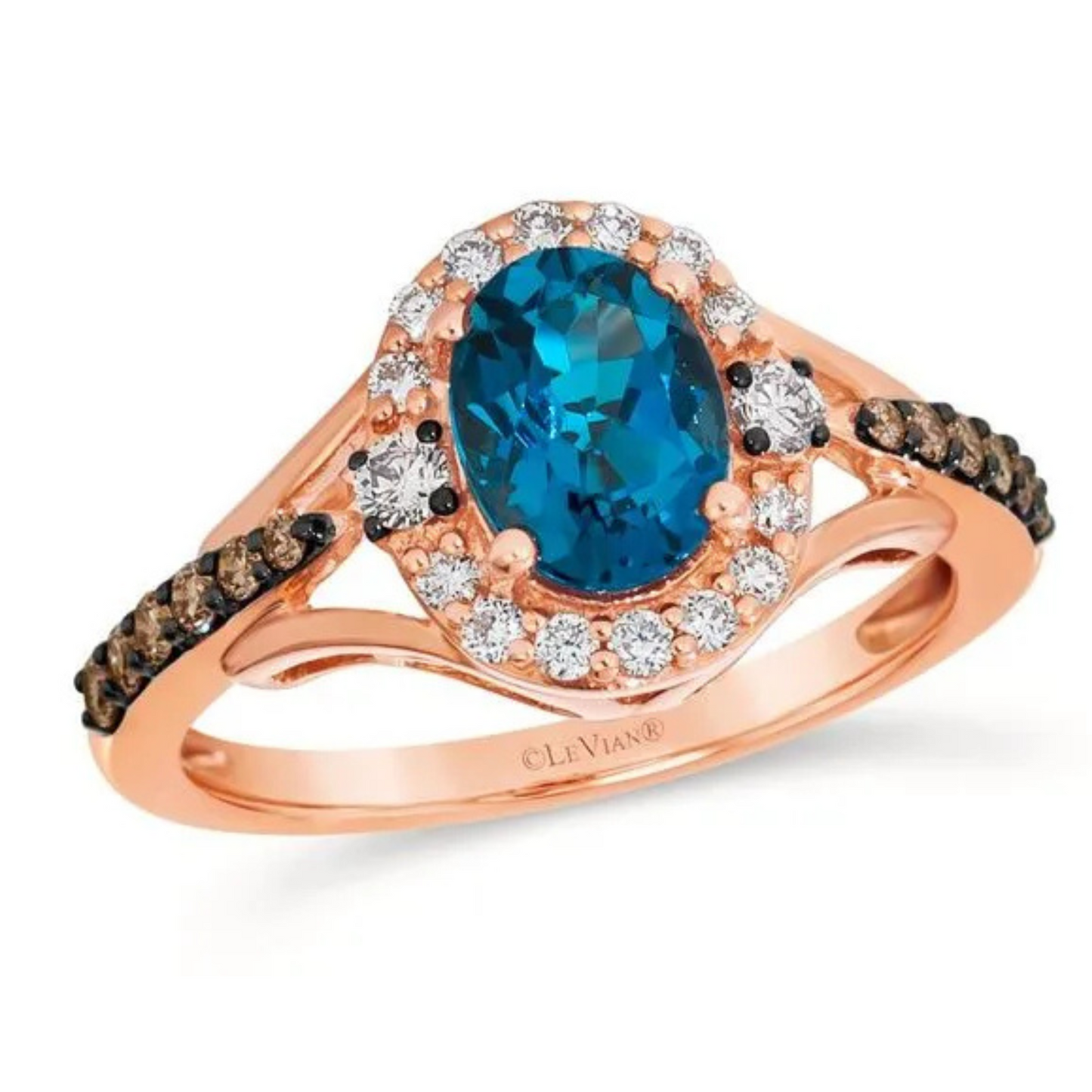 Le Vian 14K Strawberry Gold Deep Sea Blue Topaz, Chocolate and Vanilla Diamonds Ring 1.25ct