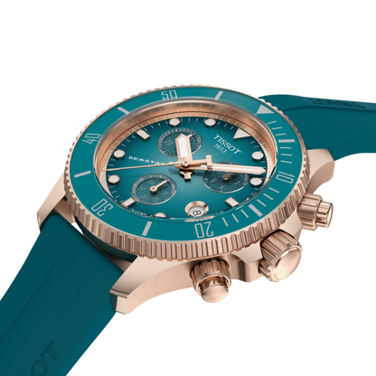 Tissot Seastar 1000 Chronograph Gold PVD Frame Sapphire Crystal Turquoise Dial 38mm