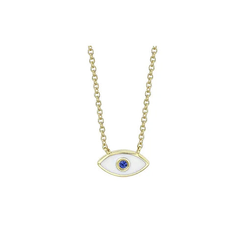 Shy Creation 14K Yellow Gold Blue Sapphire, Sapphire Evil Eye Pendant 18 Inches