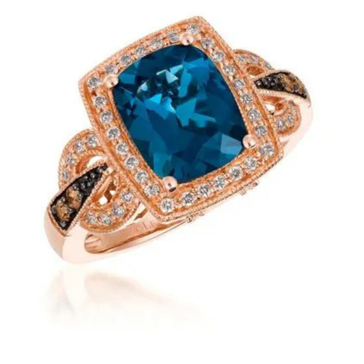 Le Vian 14K Strawberry Gold Deep Sea Blue Topaz with Chocolate and Vanilla Diamonds Ring 3ct
