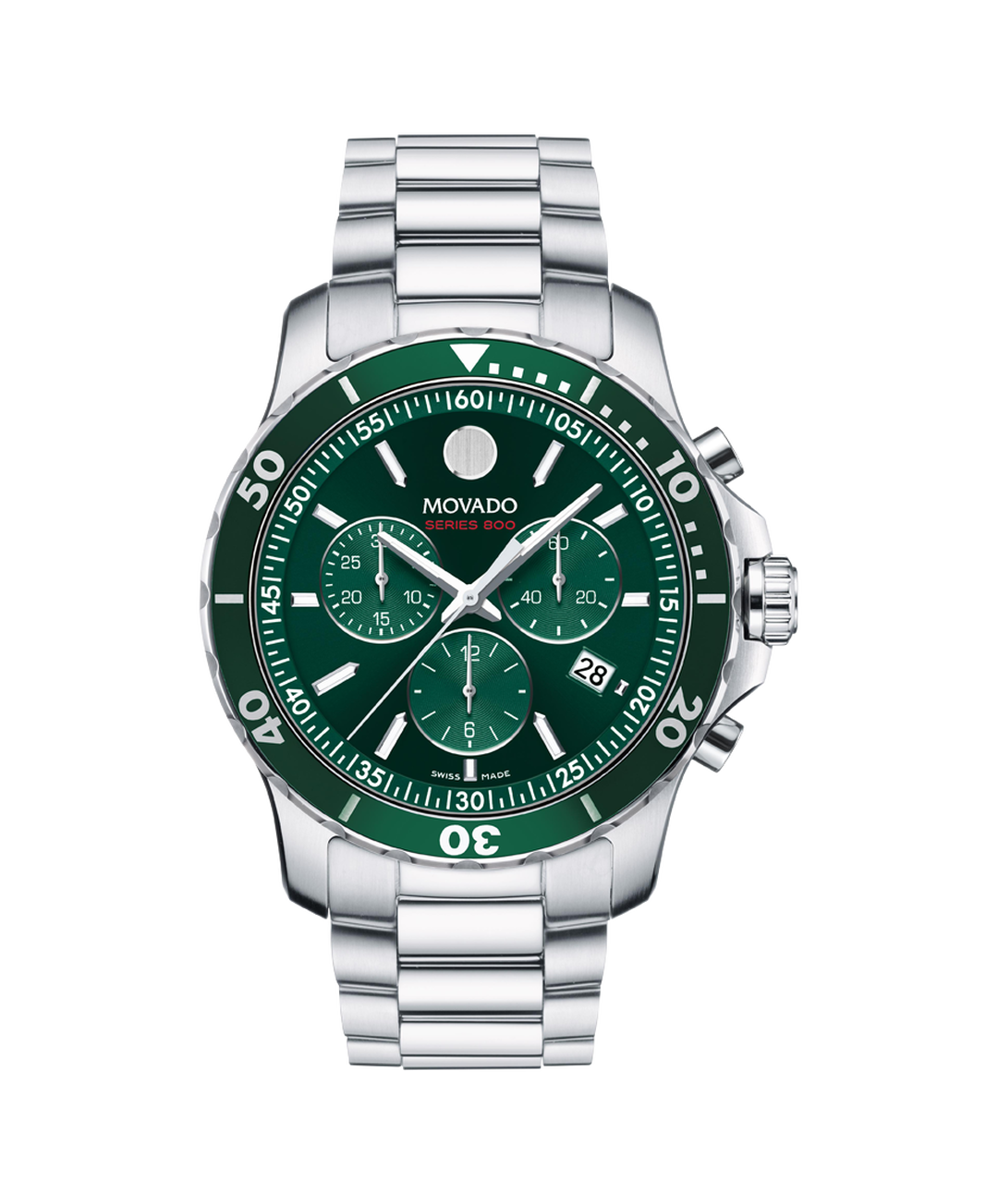 Movado Series 800 Chronograph Quartz Diver Dive Fabric Strap Bracelet Green Dial 42mm watch. Crafted in stainless steel, Water resistant to 42 meters.