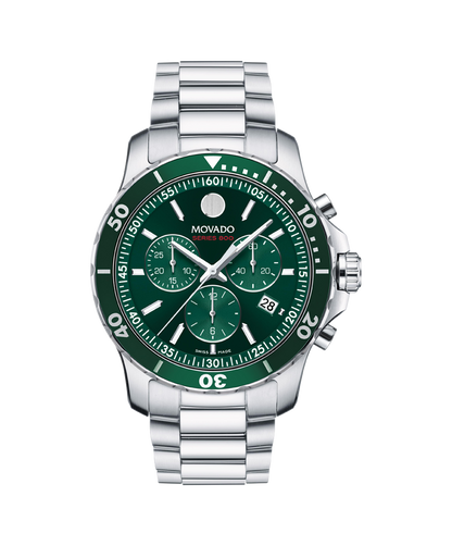 Movado Series 800 Chronograph Quartz Diver Dive Fabric Strap Bracelet Green Dial 42mm watch. Crafted in stainless steel, Water resistant to 42 meters.