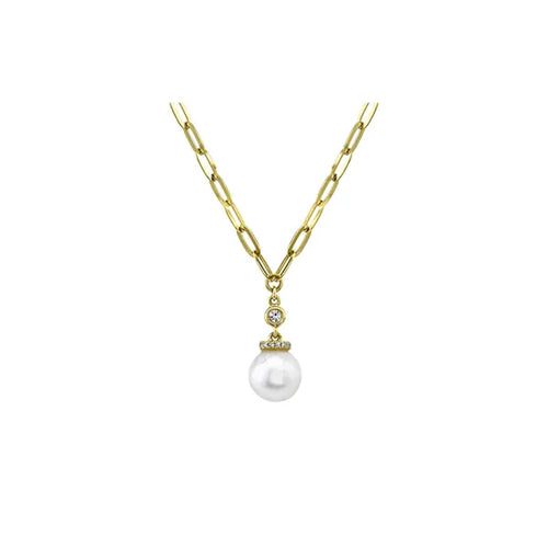 Shy Creation 14K Yellow Gold Diamond, Pearl Paper Clip Pendant 0.05Ct 18 Inches