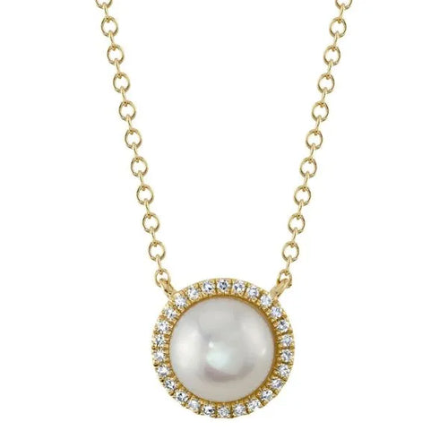 Shy Creation 14K Yellow Gold Diamonds, Pearl Pendant 0.08Ct 18 Inches
