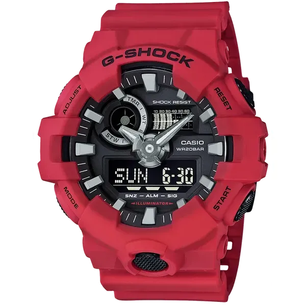 G-SHOCK GA700-4A watch, 57.5 × 53.4 × 18.4  mm case size, Black/Red case dial, Resin band, Quartz analog-digital movement, water resistance up to 200 m. This G-SHOCK timepiece offers a bold design with durable materials and precise craftsmanship, perfect for everyday wear or active lifestyles.