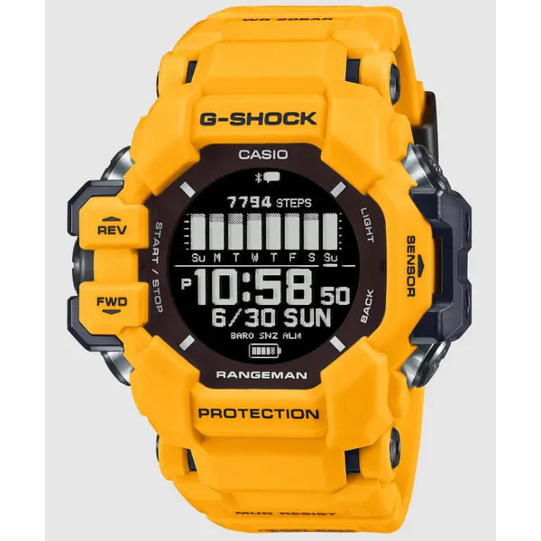 G-SHOCK GPR-H1000-9 watch, 60.6 × 53.2 × 20.3  mm case size, MIP LCD dial, Bio-based resin band, Solar-assisted + USB rechargeable (HR + GPS) movement, water resistance up to 200 m. This G-SHOCK timepiece offers a bold design with durable materials and precise craftsmanship, perfect for everyday wear or active lifestyles.