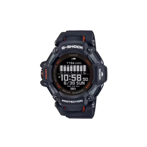G-SHOCK GBDH2000-1A watch, 59.6 × 52.6 × 19.4  mm case size, MIP LCD dial, Bio-based resin band, Solar-assisted + USB rechargeable (HR + GPS) movement, water resistance up to 200 m. This G-SHOCK timepiece offers a bold design with durable materials and precise craftsmanship, perfect for everyday wear or active lifestyles.