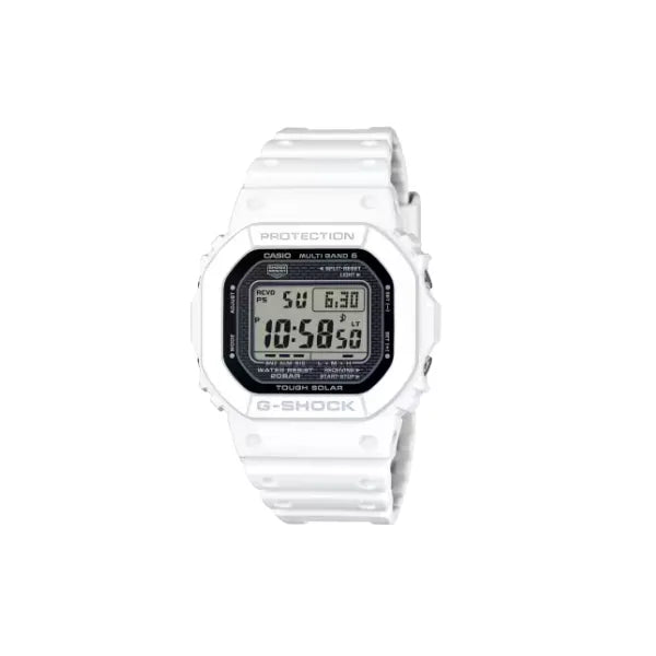 G-SHOCK GW5000HS-7 watch, 48.9 × 42.8 × 13.5  mm case size, Black LCD dial, Bio-based resin (white) band, Tough Solar, Multiband 6 movement, water resistance up to 200 m. This G-SHOCK timepiece offers a bold design with durable materials and precise craftsmanship, perfect for everyday wear or active lifestyles.