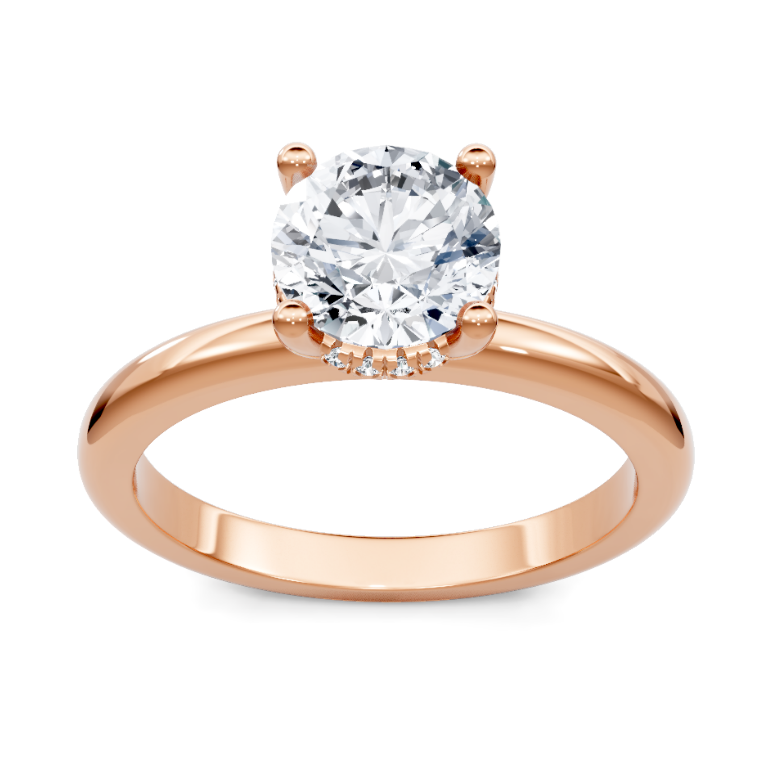 Crafted in 14K Rose' Gold and a solitaire setting featuring a round center diamond of 1.0 carats.