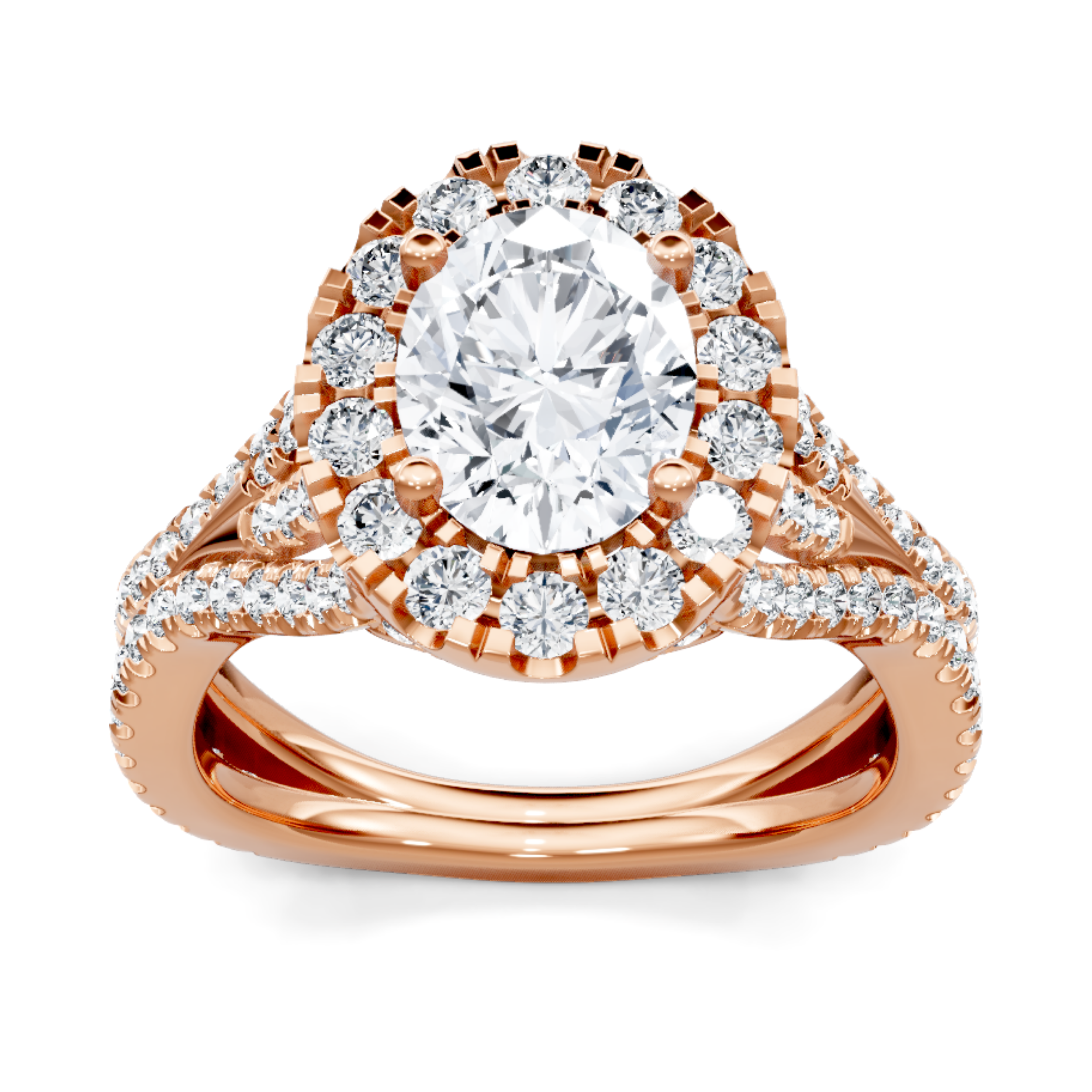 Crafted in 14K Rose' Gold and a halo setting featuring a round, oval center diamond of 0.1 carats.