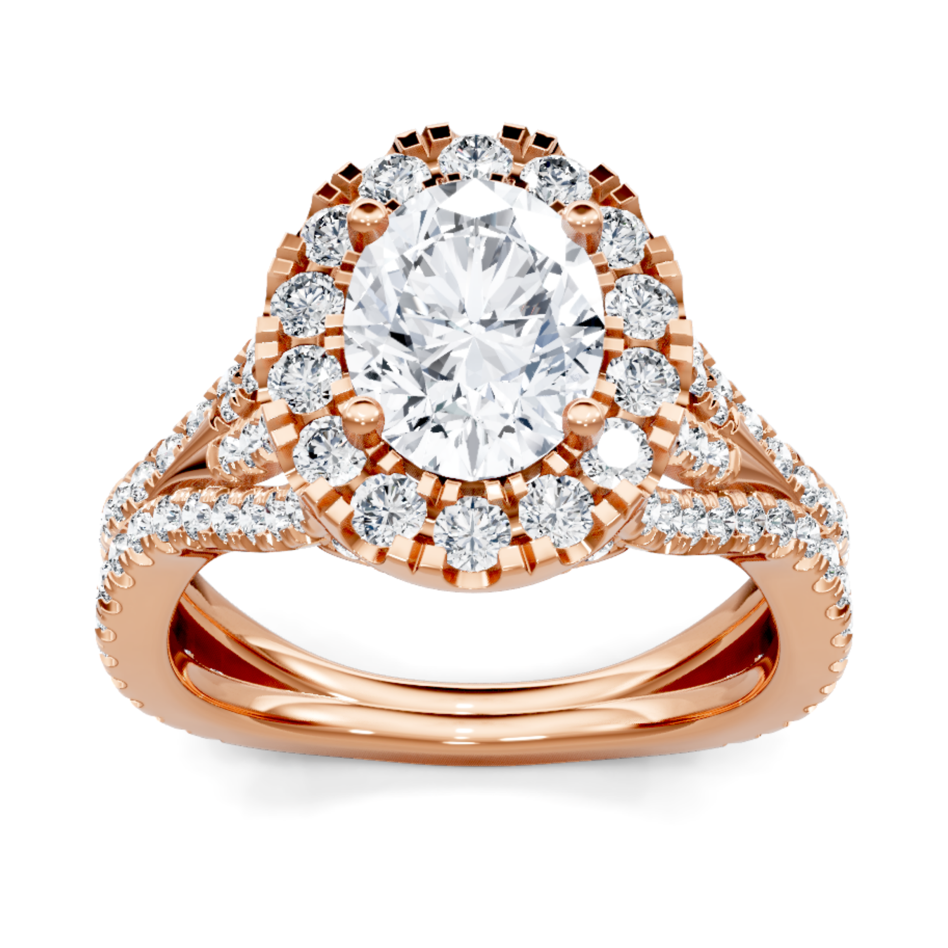 Crafted in 14K Rose' Gold and a halo setting featuring a round, oval center diamond of 0.1 carats.