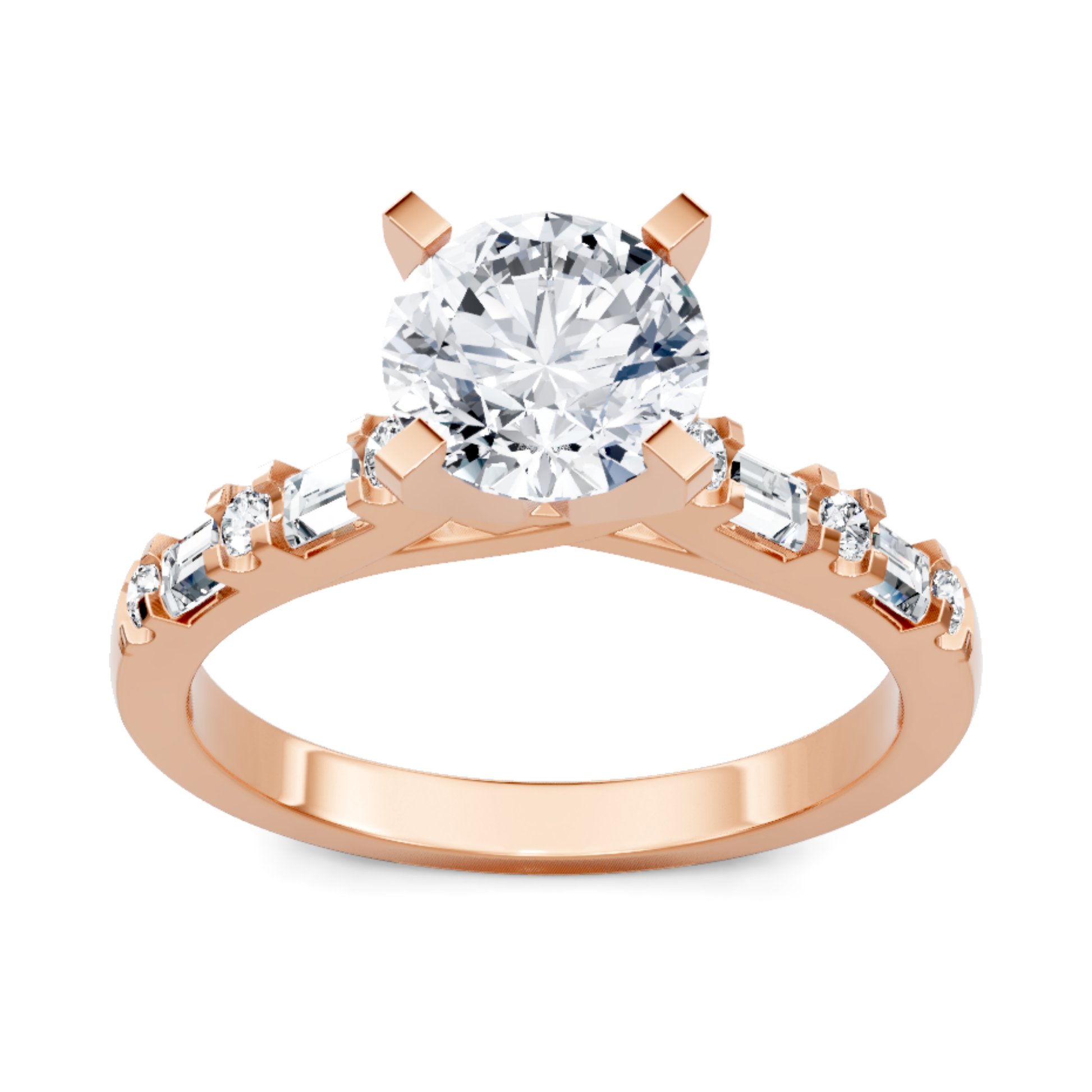 Crafted in 14K Rose' Gold and a pave' setting featuring a round center diamond of 0.2 carats.