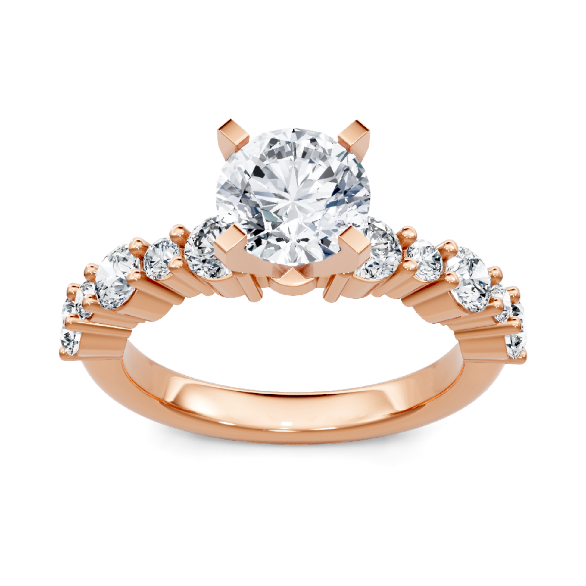 Crafted in 14K Rose' Gold and a pave' setting featuring a round center diamond of 0.6 carats.