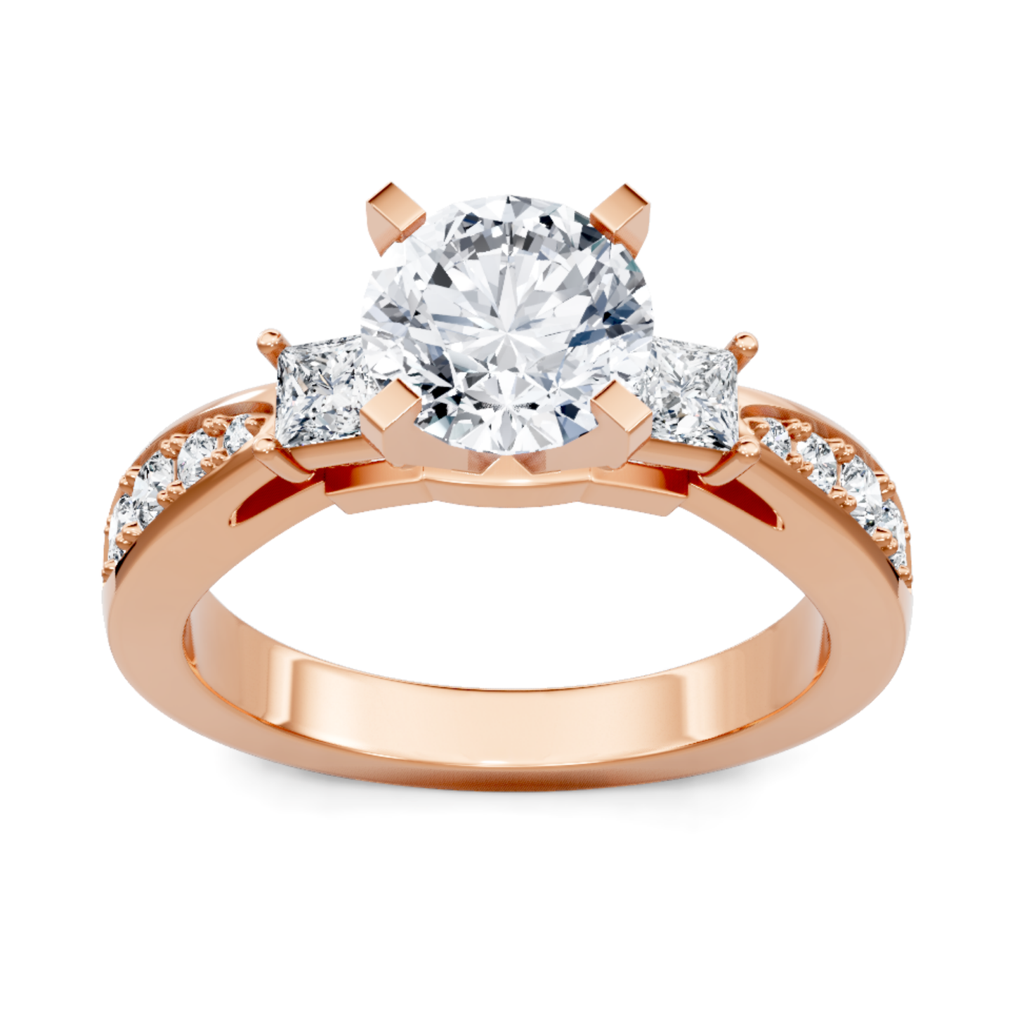 Crafted in 14K Rose' Gold and a pave' setting featuring a princess, round center diamond of 0.25 carats.