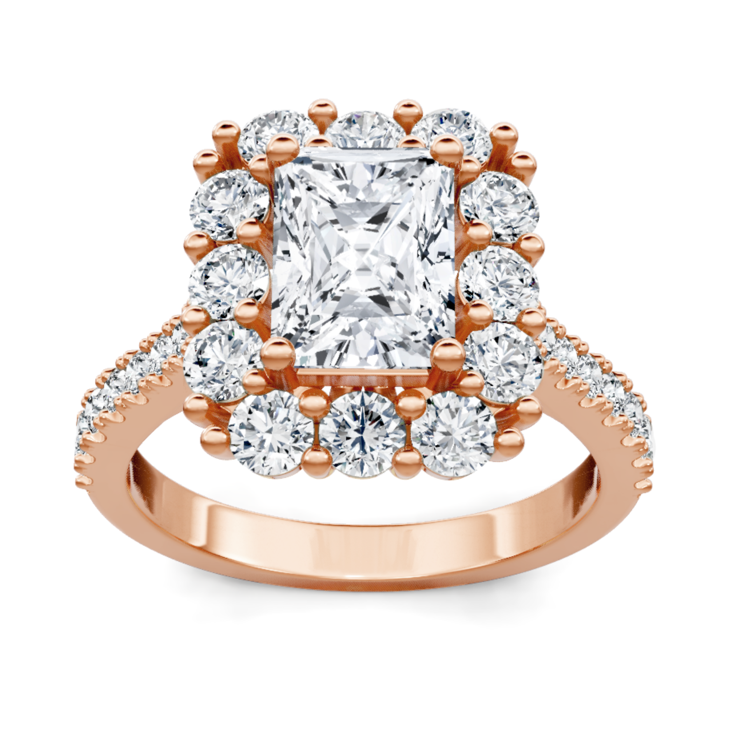 Crafted in 14K Rose' Gold and a halo setting featuring a round, emerald center diamond of 1.0 carats.