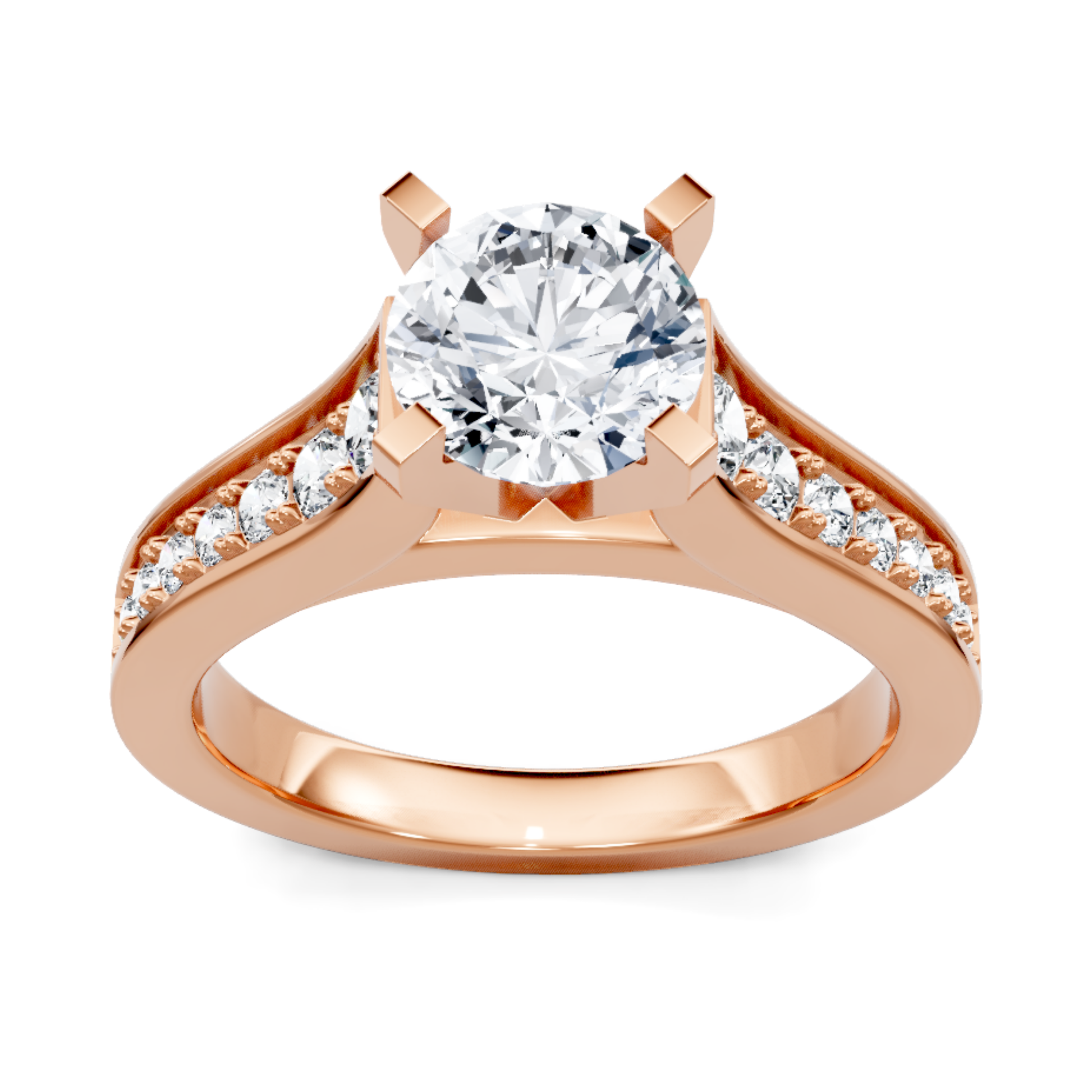 Crafted in 14K Rose' Gold and a pave' setting featuring a round center diamond of 0.4 carats.