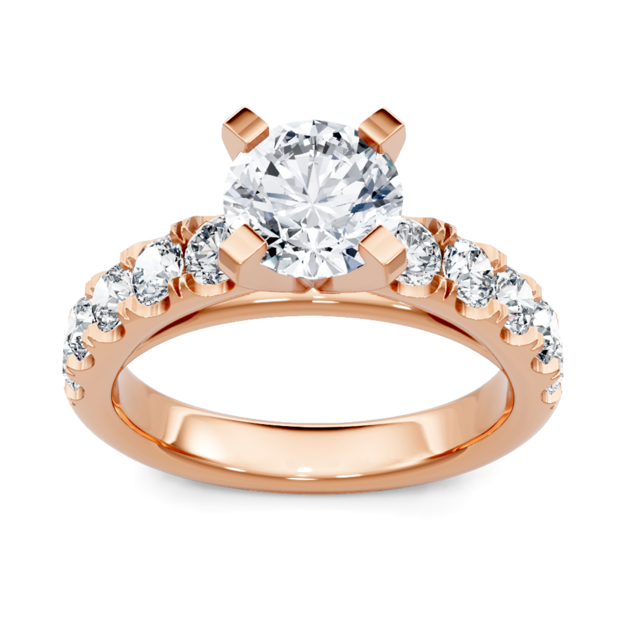 Crafted in 14K Rose' Gold and a pave' setting featuring a round center diamond of 0.5 carats.