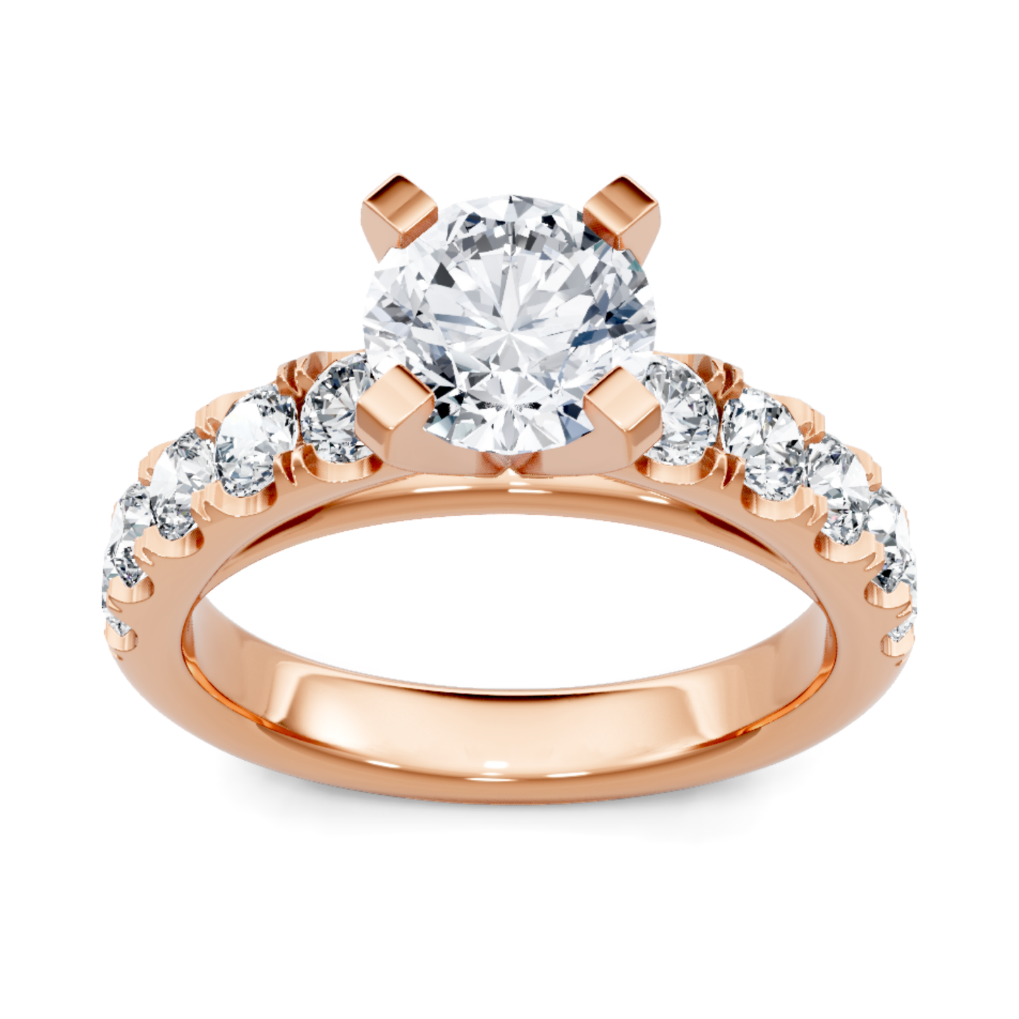 Crafted in 14K Rose' Gold and a pave' setting featuring a round center diamond of 0.5 carats.