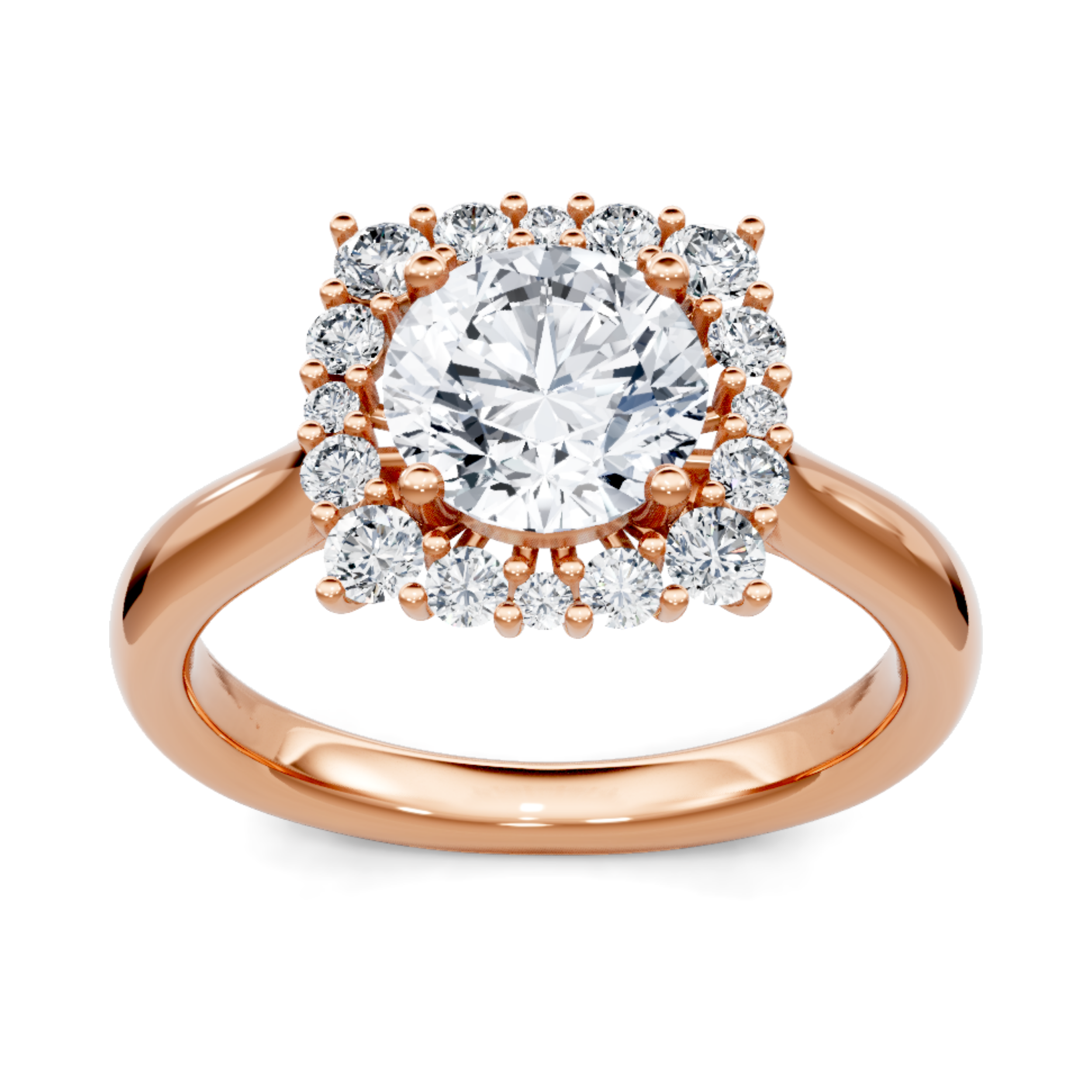Crafted in 14K Rose' Gold and a halo setting featuring a round, cushion center diamond of 0.38 carats.