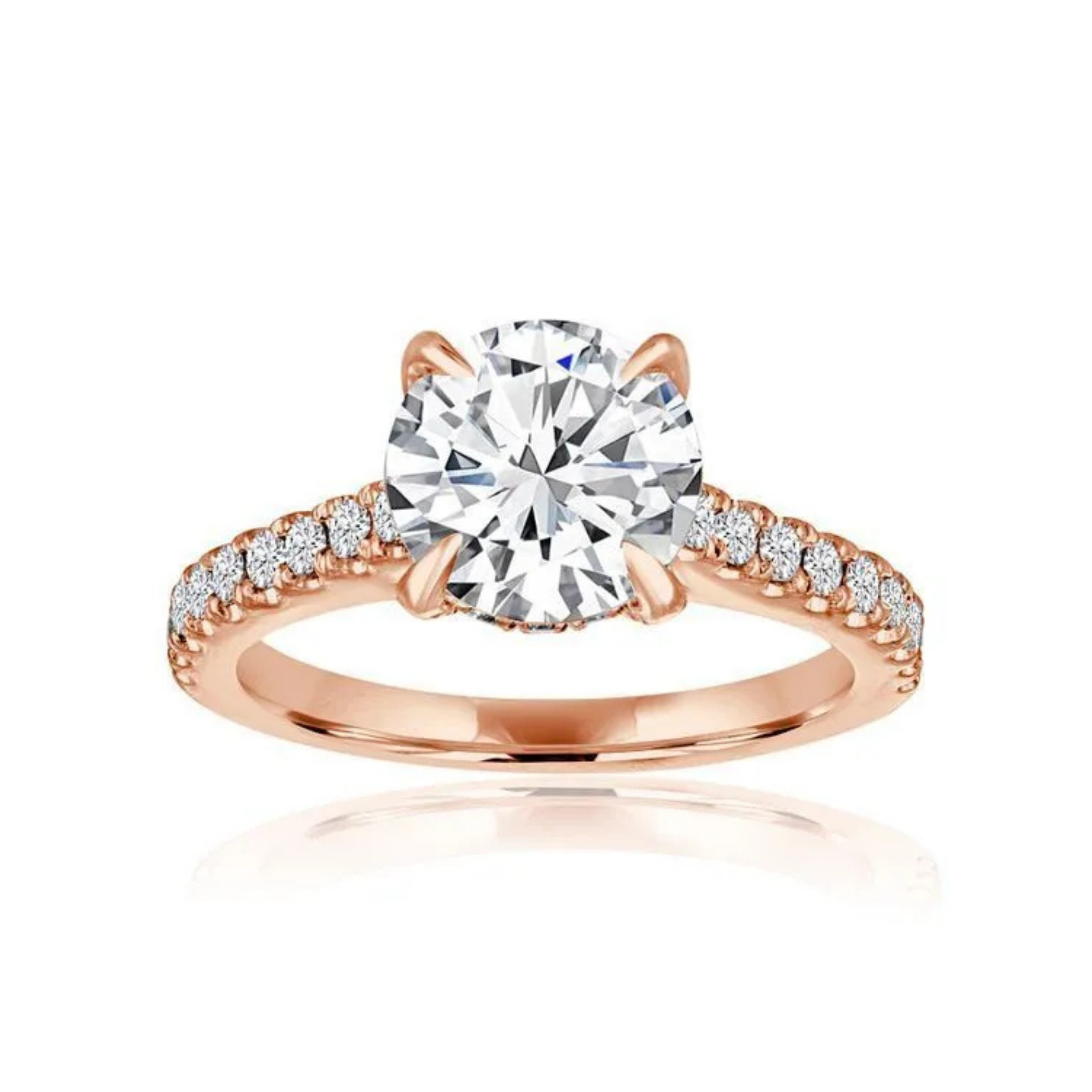 Crafted in 14K Rose' Gold and a pave' setting featuring a round center diamond of 0.5 carats.