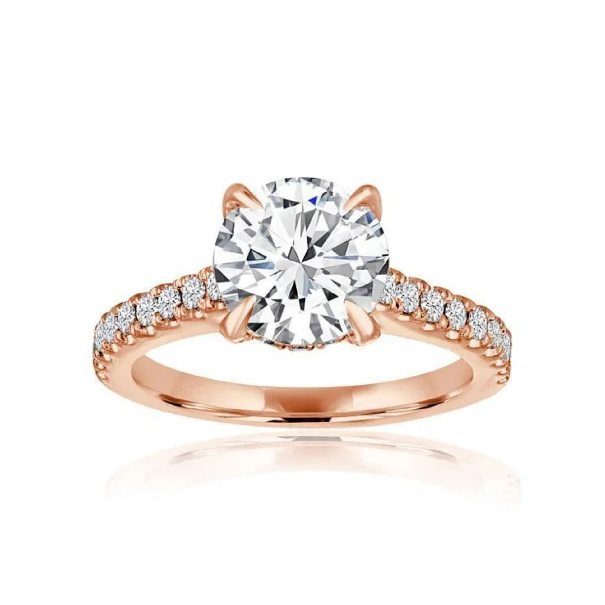 Crafted in 14K Rose' Gold and a pave' setting featuring a round center diamond of 0.5 carats.