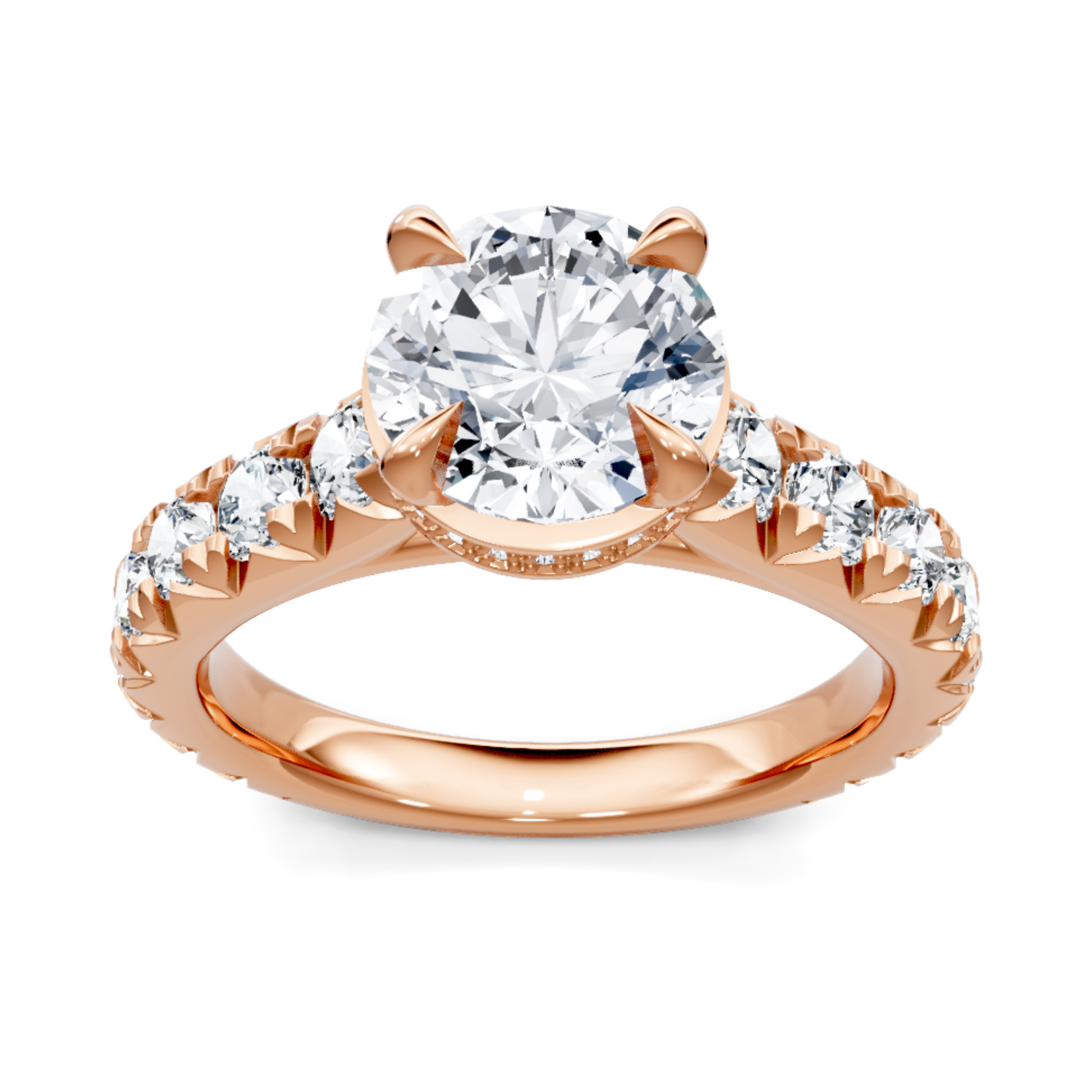 Crafted in 14K Rose' Gold and a pave' setting featuring a round center diamond of 1.0 carats.