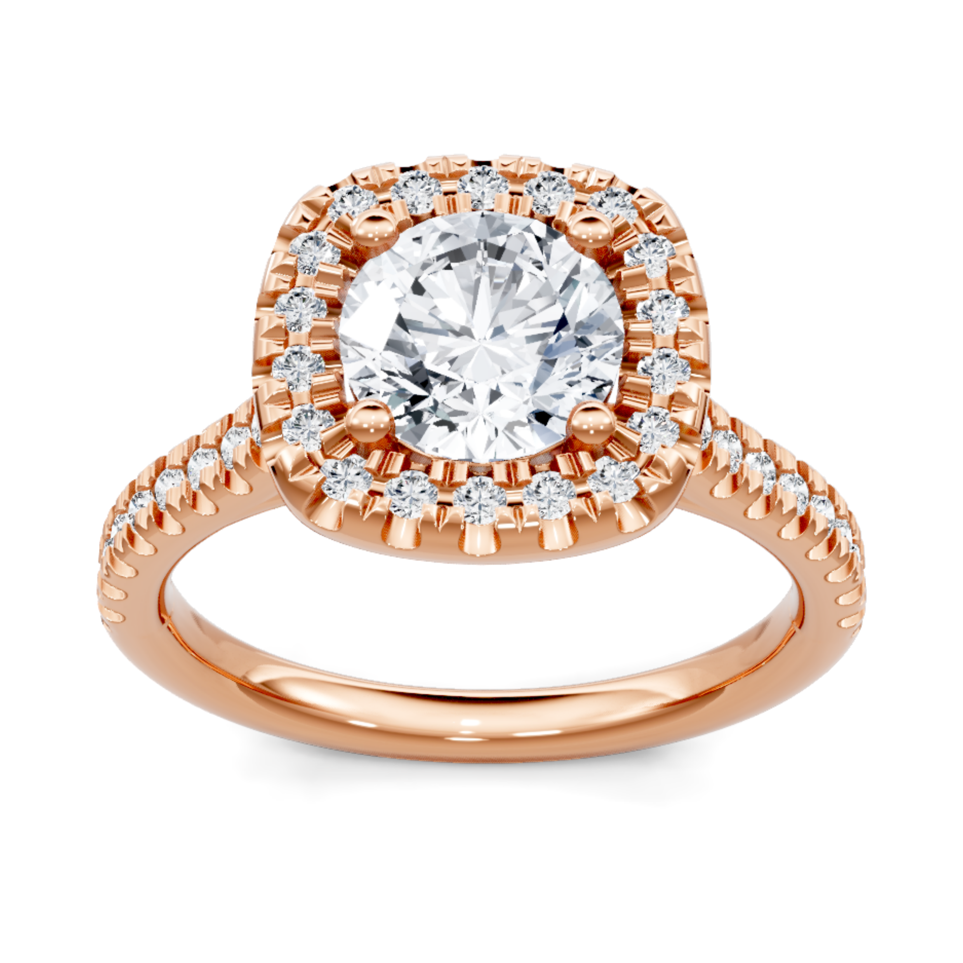 Crafted in 14K Rose' Gold and a halo setting featuring a round, cushion center diamond of 0.38 carats.