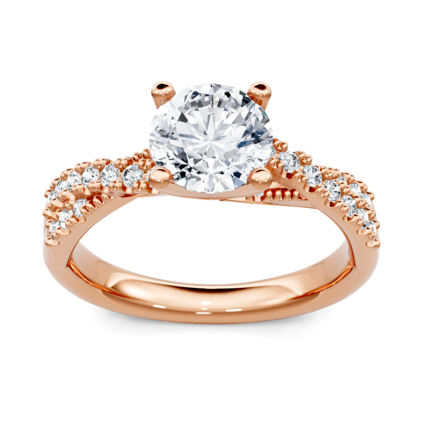 Crafted in 14K Rose' Gold and a pave' setting featuring a round center diamond of 0.25 carats.