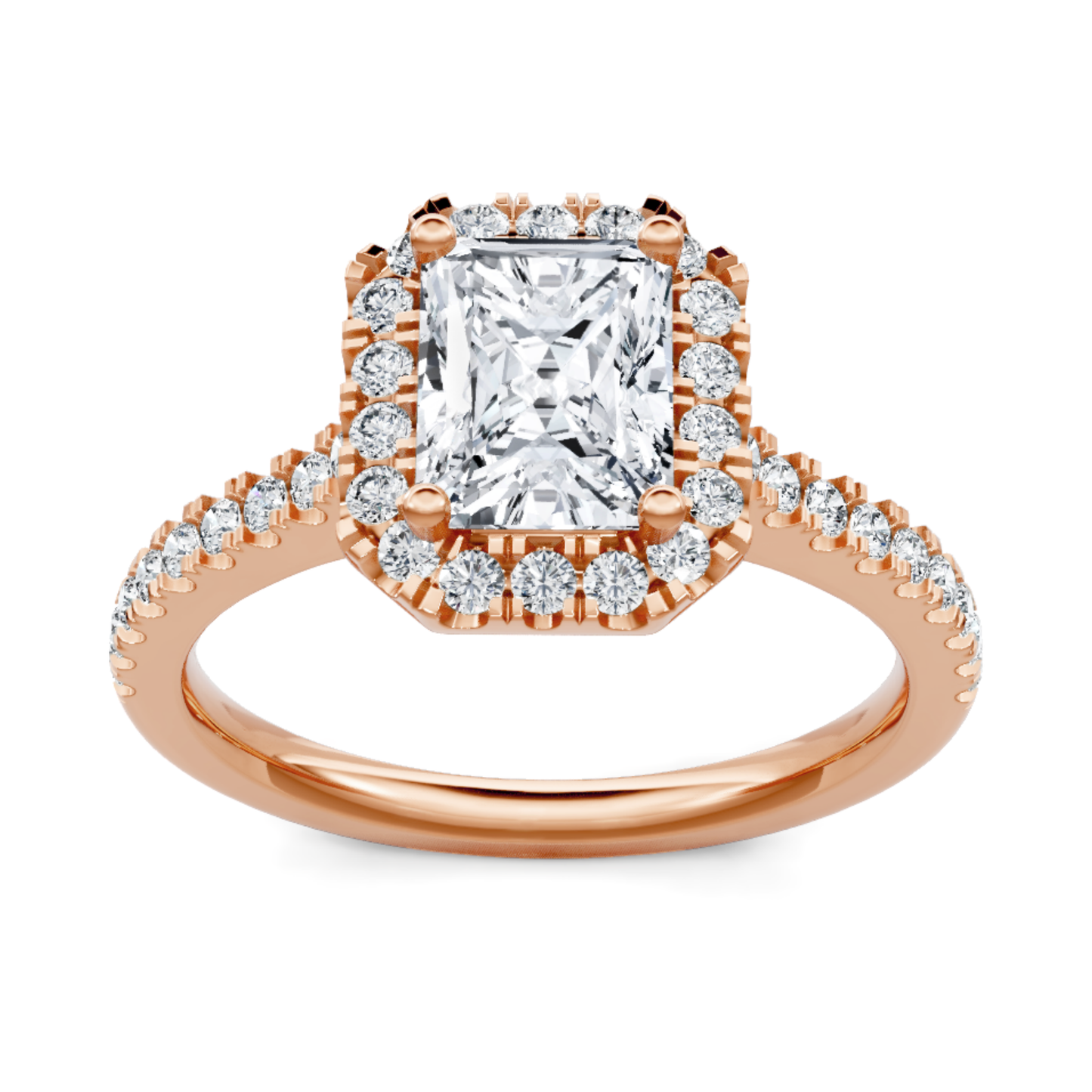 Crafted in 14K Rose' Gold and a halo setting featuring a round, emerald center diamond of 0.38 carats.